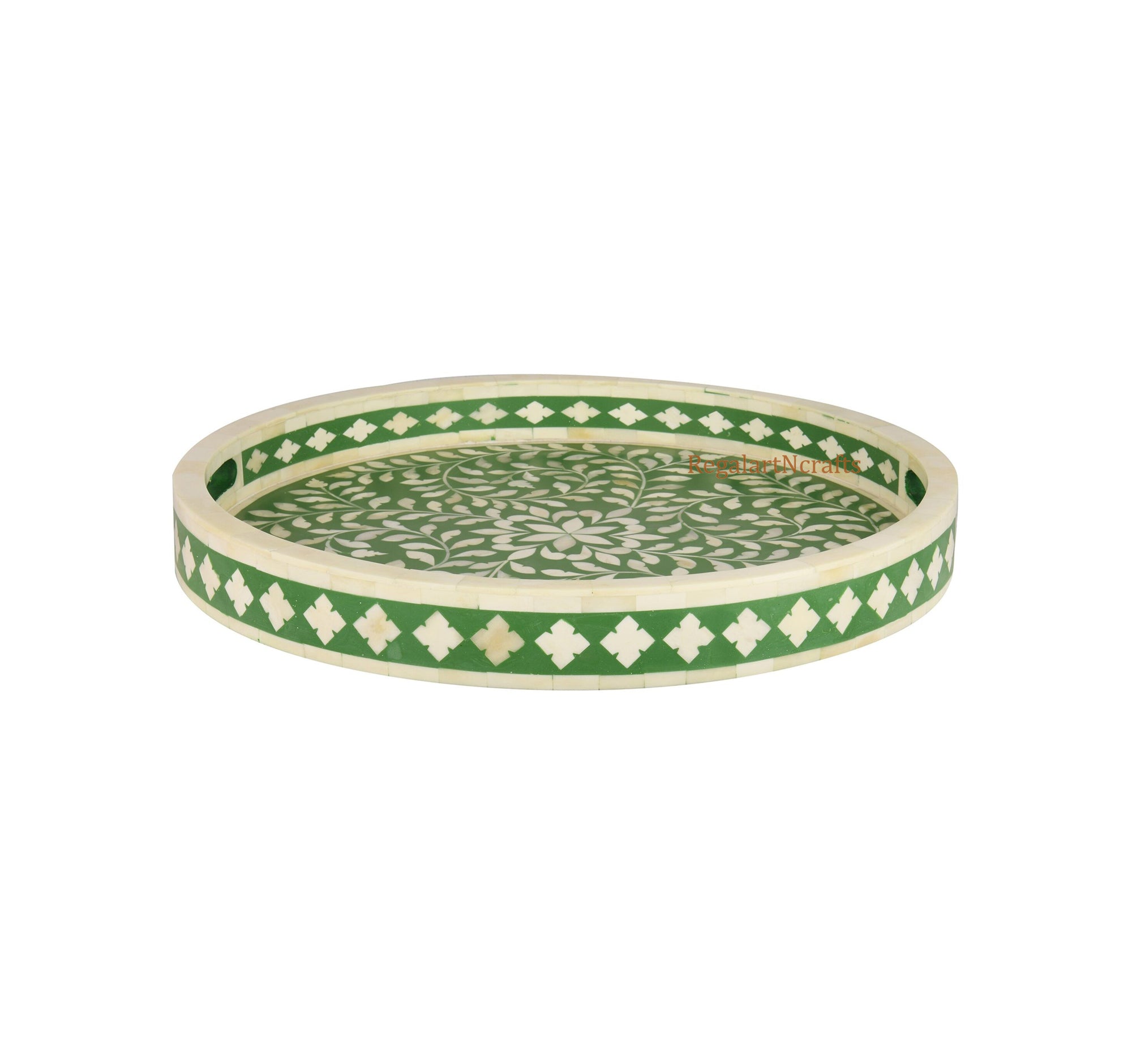Handmade Bone Inlay Tray | Floral Round Decorative Tray