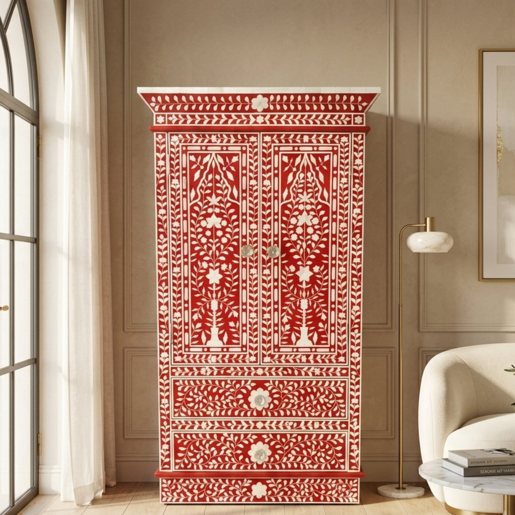 Handmade Floral Bone Inlay 2 Door 2 Drawer Wardrobe
