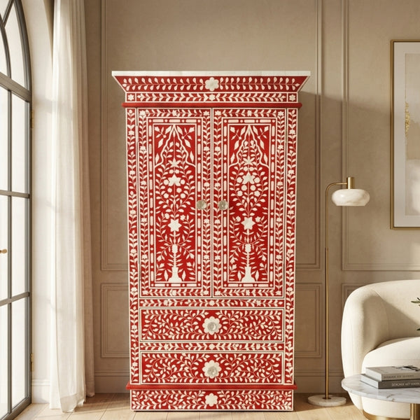 Handmade Floral Bone Inlay 2 Door 2 Drawer Wardrobe