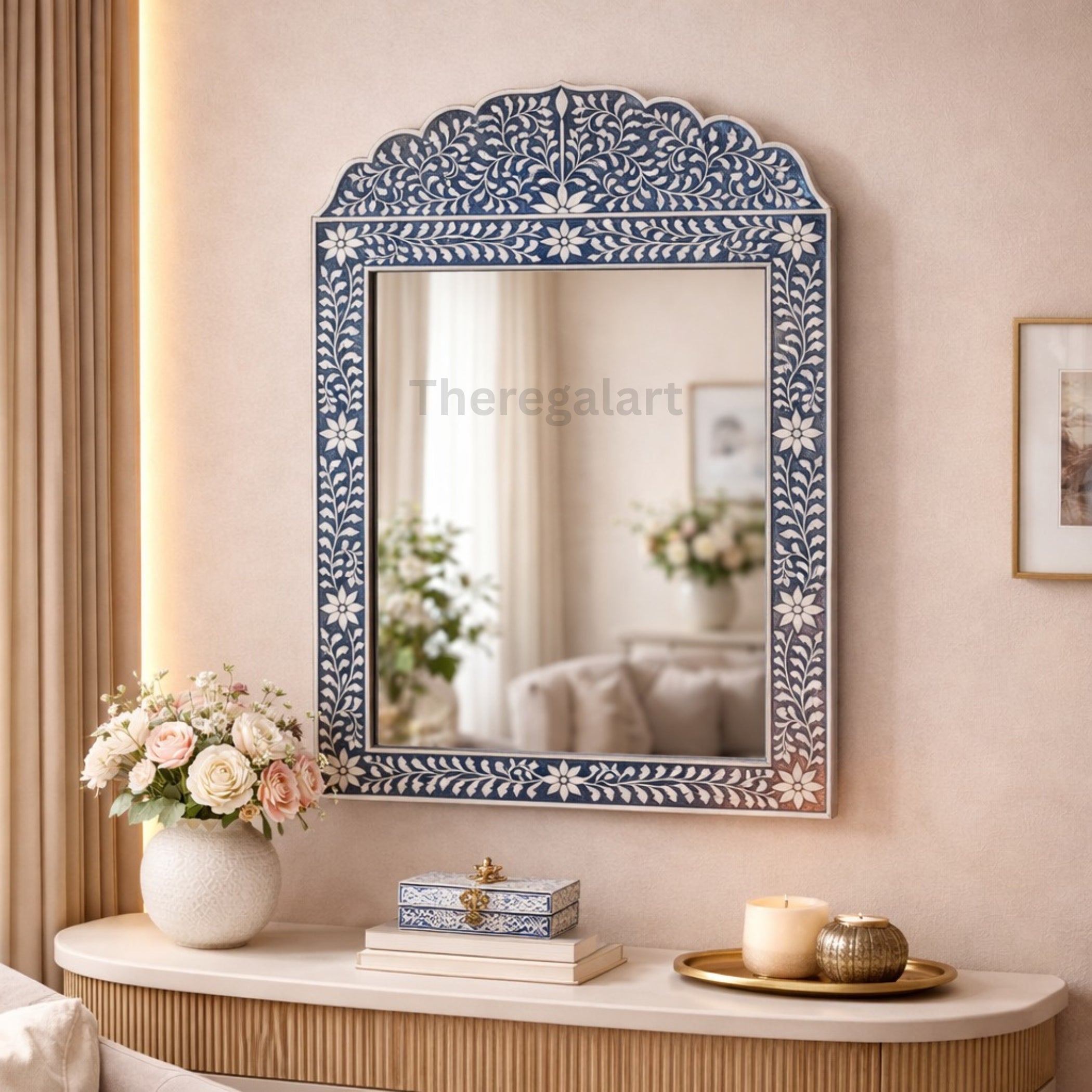 Exclusive Floral Bone Inlay Mirror Frame – Luxury Decor