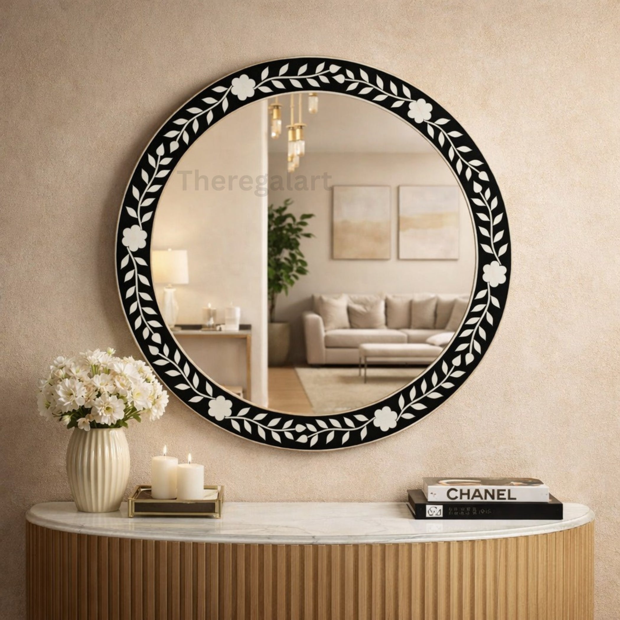 Handmade Bone Inlay Mirror | Black Floral Wall Decor