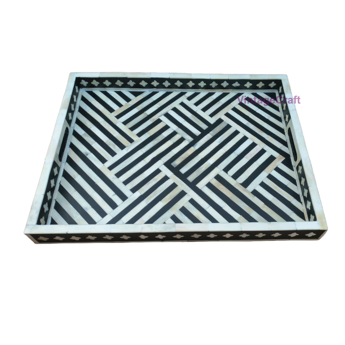 Rectangular Black Bone Inlay Decorative Serving Tray with Geometric Pattern for Home Decor