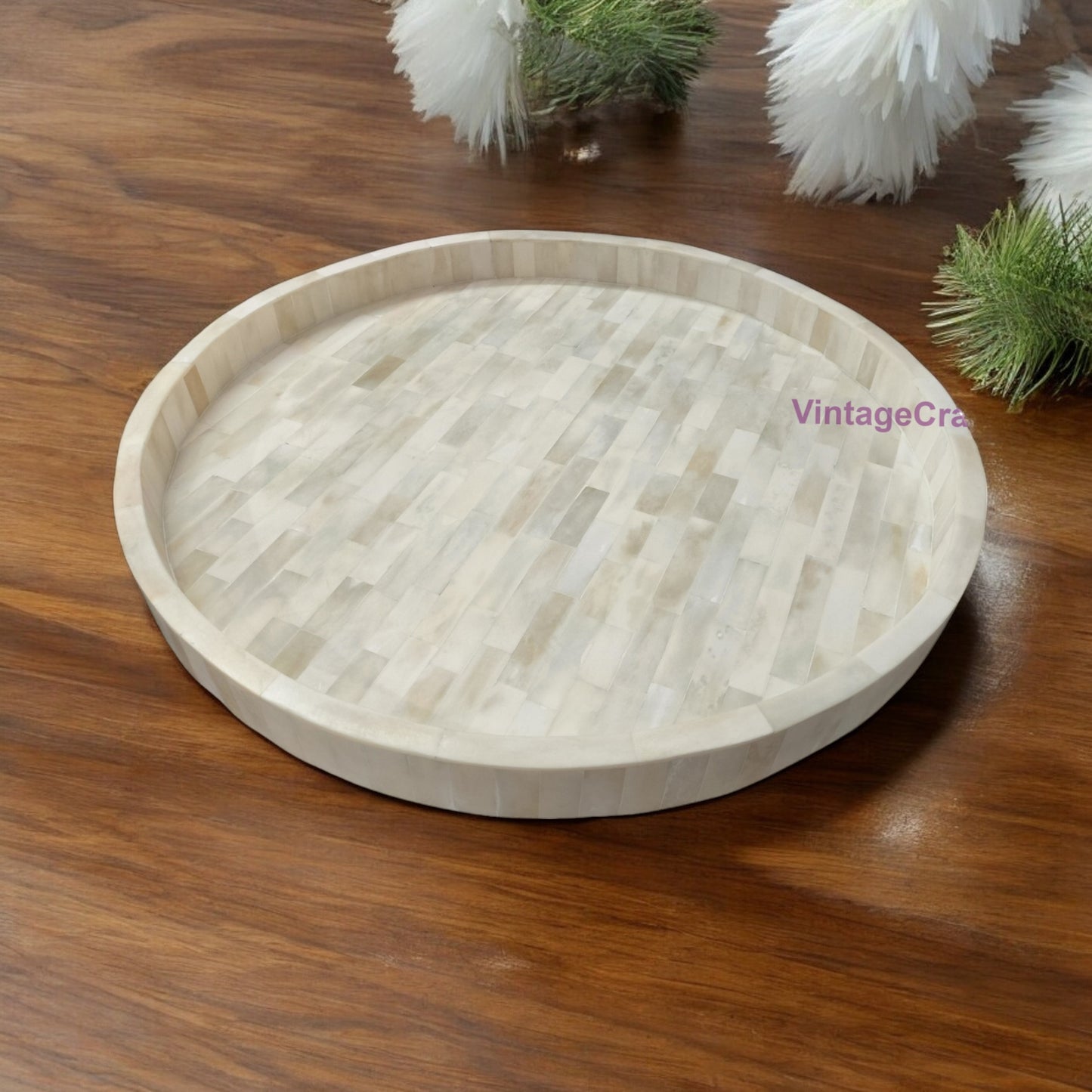 Handmade Full Bone Inlay Fitting Round Tray Decorative Serving Tray Best Gift