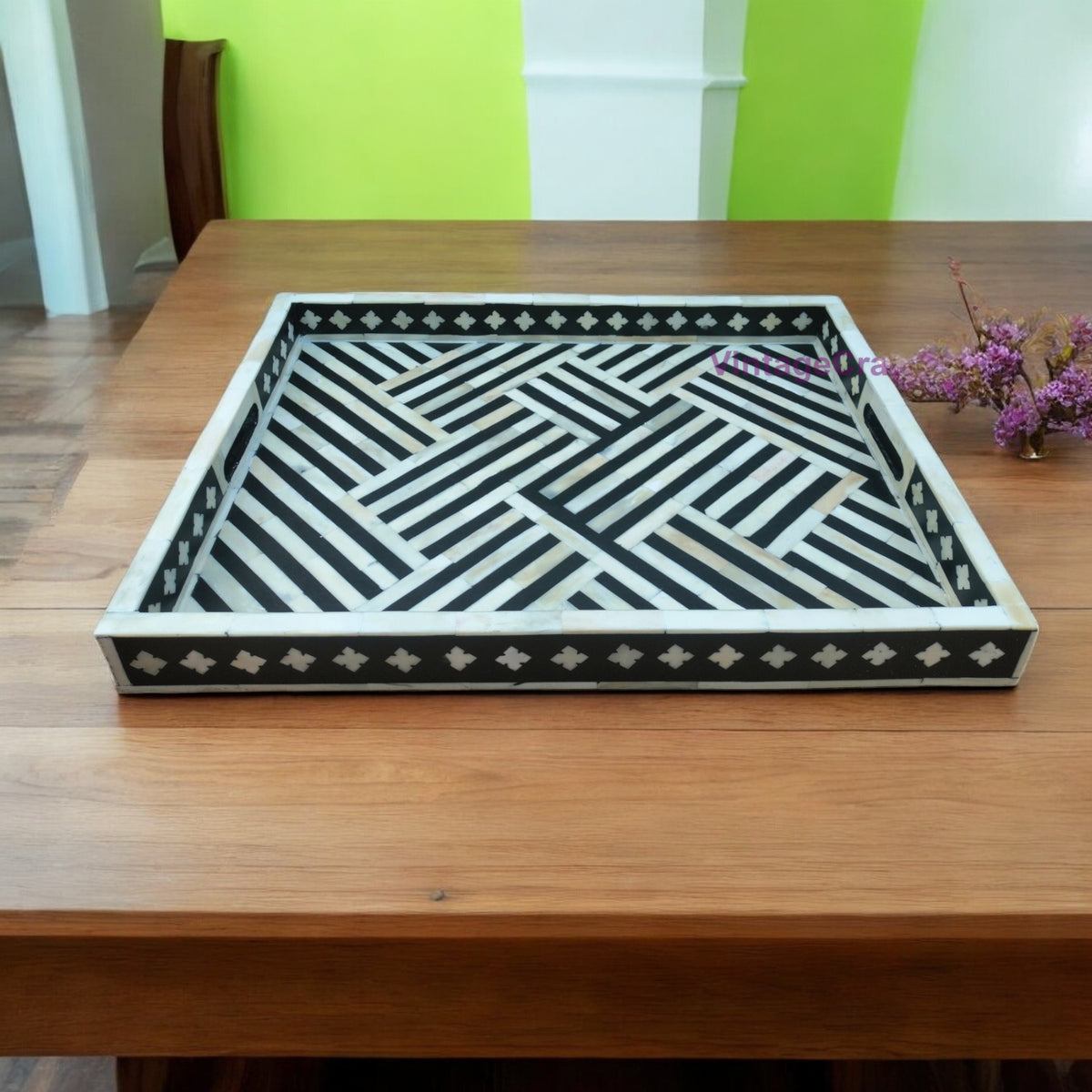 Handcrafted Bone Inlay Kitchen Serving Tray – Decorative Tray for Coffee Table or Jewelry Displa