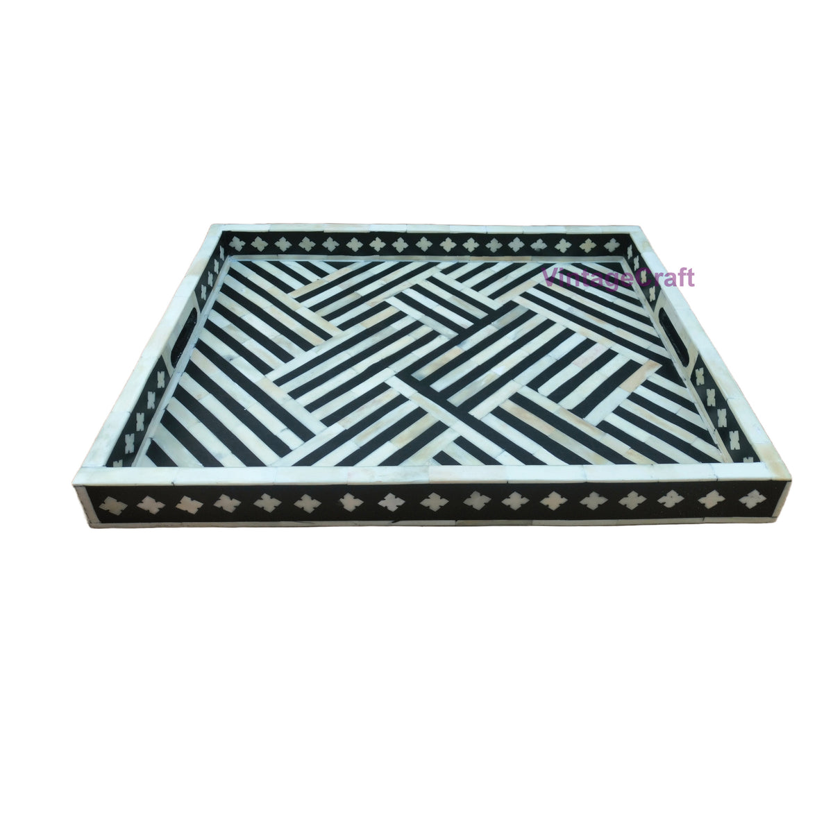 Luxury Black and White Bone Inlay Coffee Table Tray Handmade Wooden Vanity and Kitchen Tray