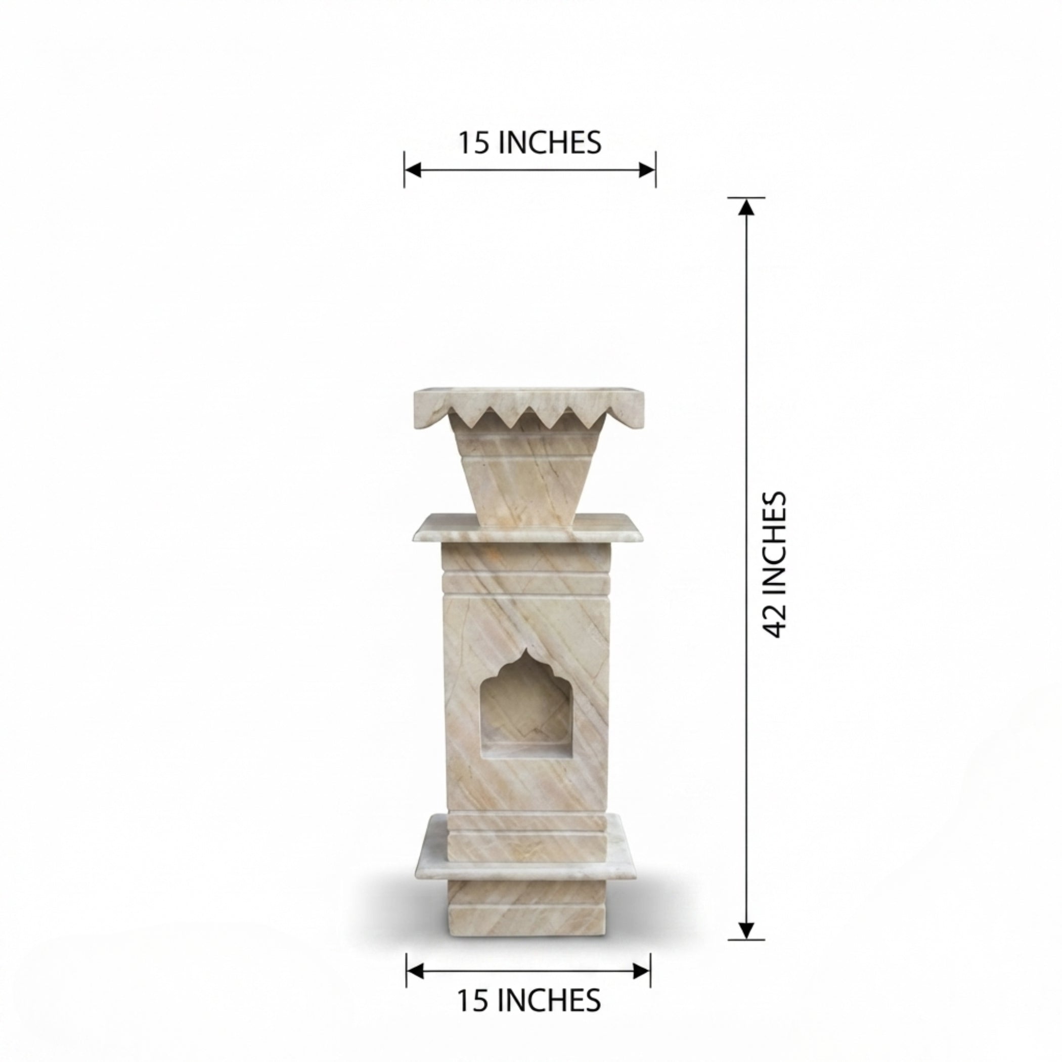 A beige stone decorative pedestal with a tiered top and arched niche cutout, shown with dimension arrows and labels indicating 15 inches width and 42 inches height on a white background.