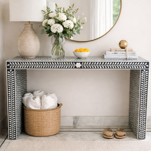 Handmade  Mother of Pearl Console Table with Floral U Shape Design