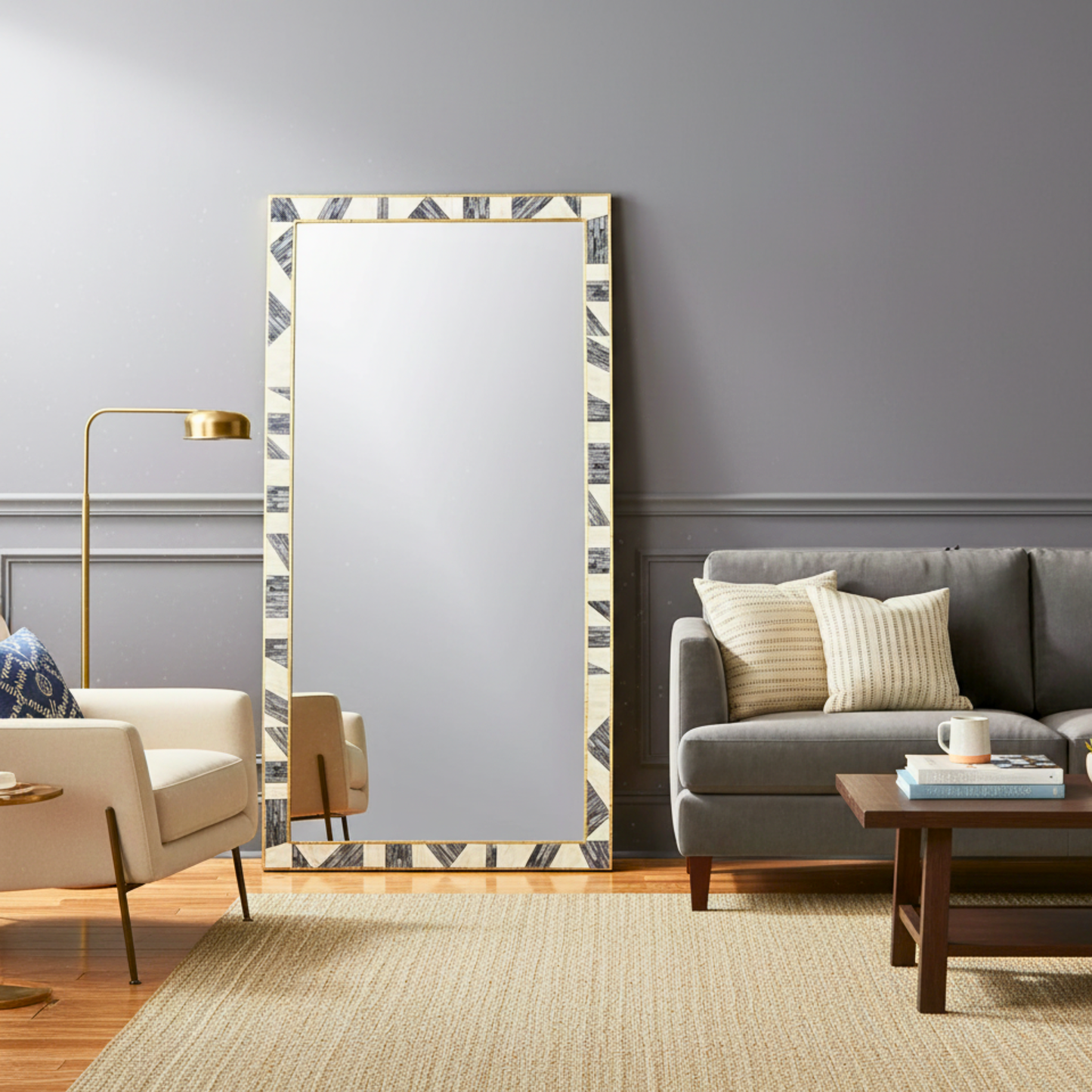 Bone Inlay Mirror, Handmade Wooden Mirror Frame, Pattern Modern Wall Decor