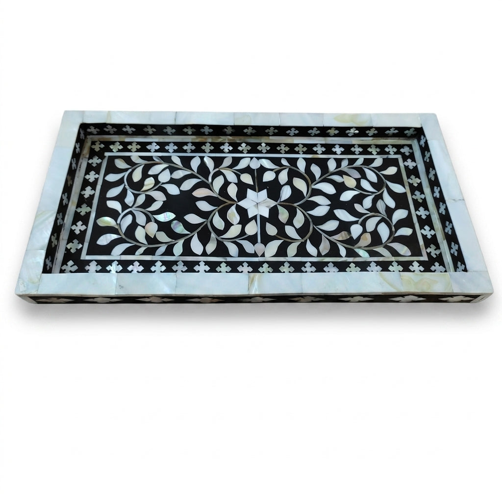 Handmade Black Mother of Pearl Serving Tray, Floral Home Decor