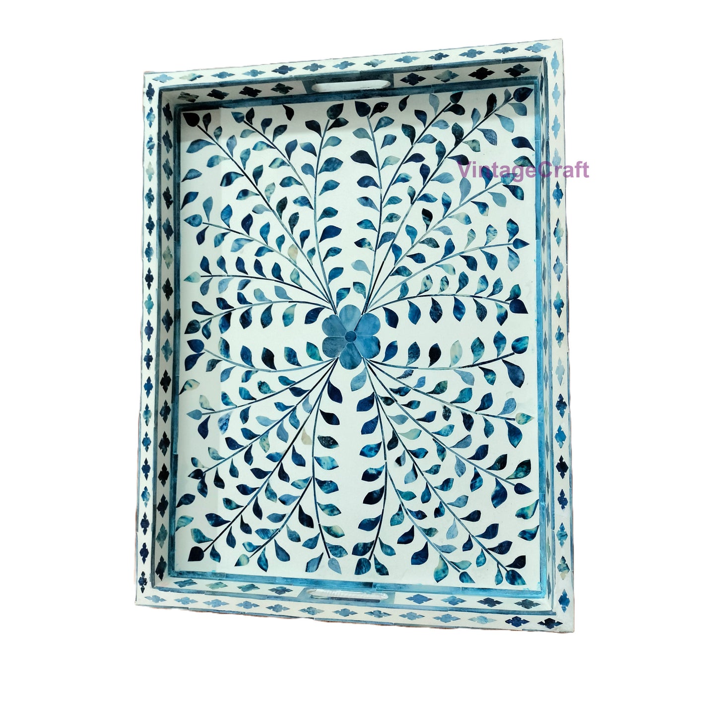 Blue Bone Inlay Kitchen Serving Tray Floral pattern Home Decor Art