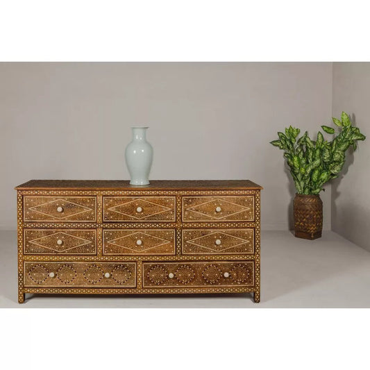 Wooden Chest Of Drawers Mango Anglo-Indian Style Eight Drawers Floral Bone Inlay