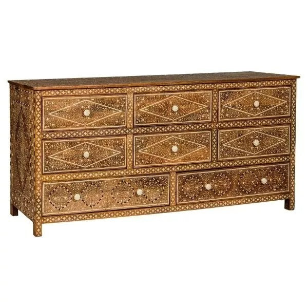 Wooden Chest Of Drawers Mango Anglo-Indian Style Eight Drawers Floral Bone Inlay