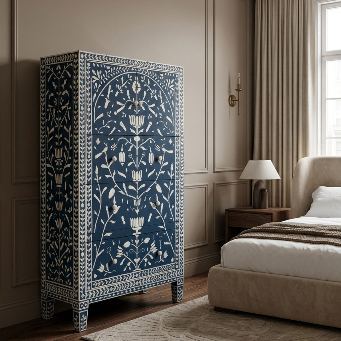Handmade Blue & White Floral Bone Inlay Armoire Wardrobe