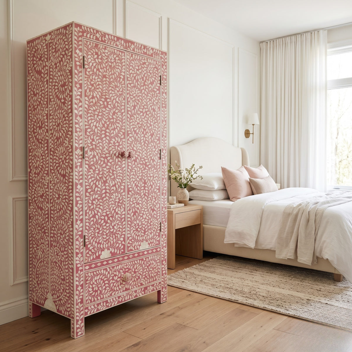 Handmade Dusty Rose & White Botanical Bone Inlay Armoire Wardrobe