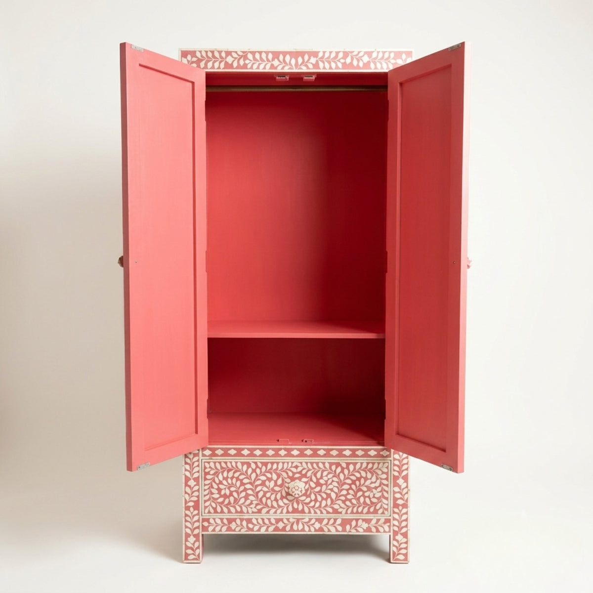 Handmade Dusty Rose & White Botanical Bone Inlay Armoire Wardrobe