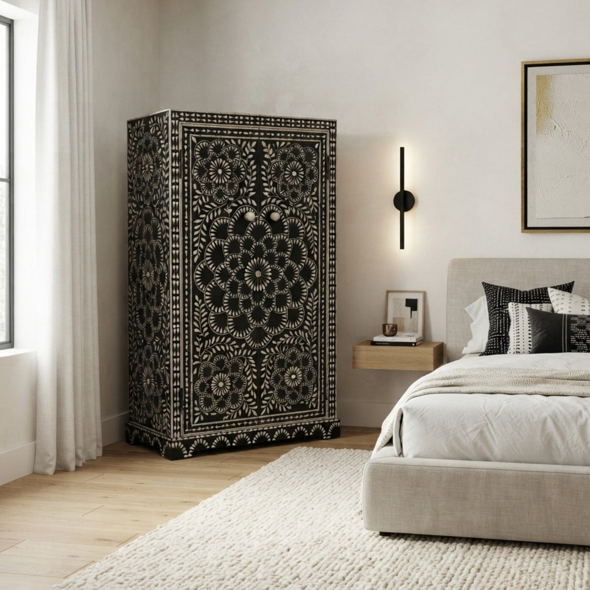 Handmade Black & White Rosette Floral Bone Inlay Armoire