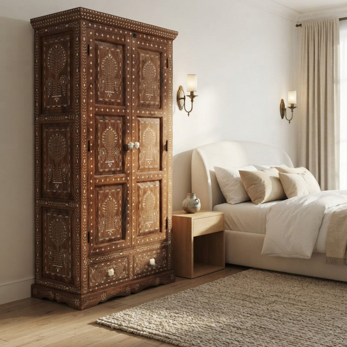 Handmade Mango Wood Floral Inlay Armoire Wardrobe
