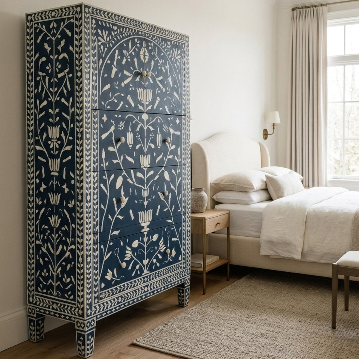 Handmade Blue & White Floral Bone Inlay Armoire Wardrobe