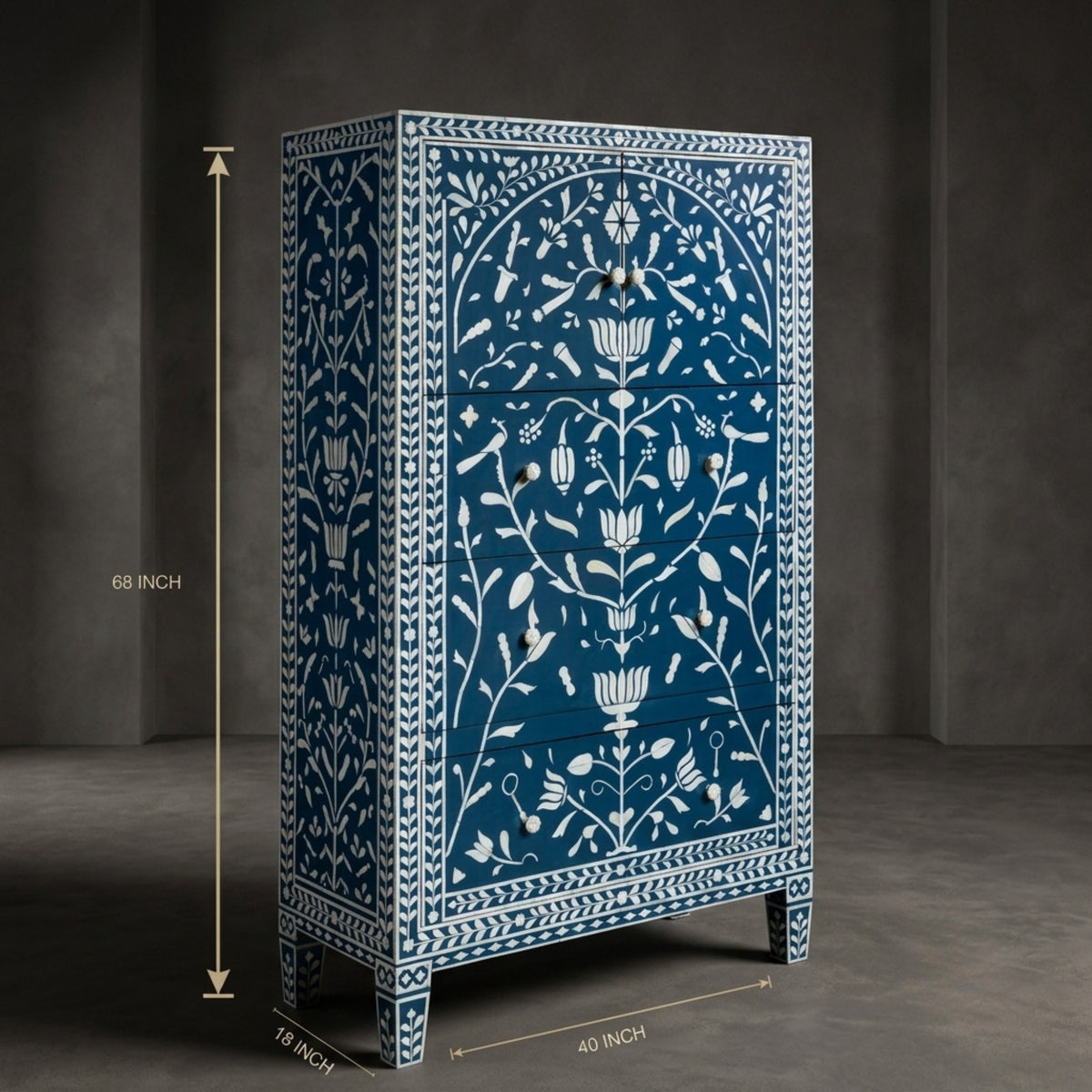 Handmade Blue & White Floral Bone Inlay Armoire Wardrobe