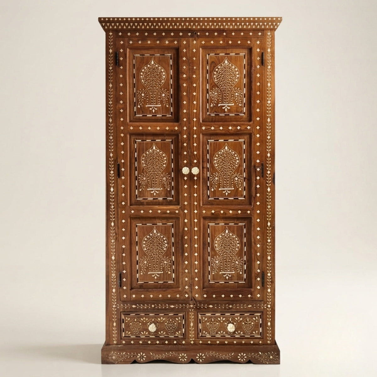 Handmade Mango Wood Floral Inlay Armoire Wardrobe