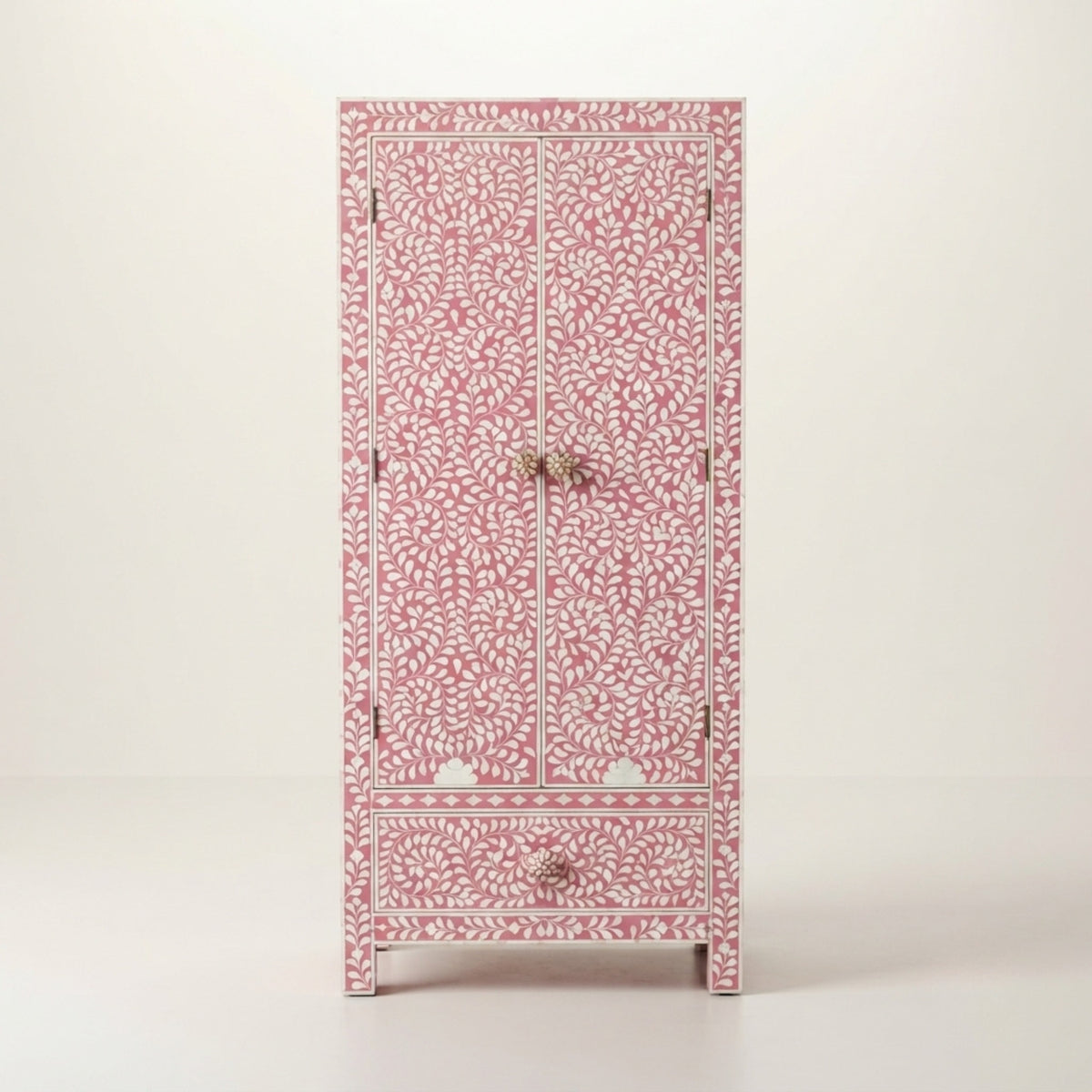 Handmade Dusty Rose & White Botanical Bone Inlay Armoire Wardrobe