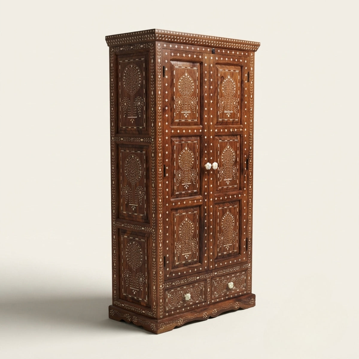 Handmade Mango Wood Floral Inlay Armoire Wardrobe