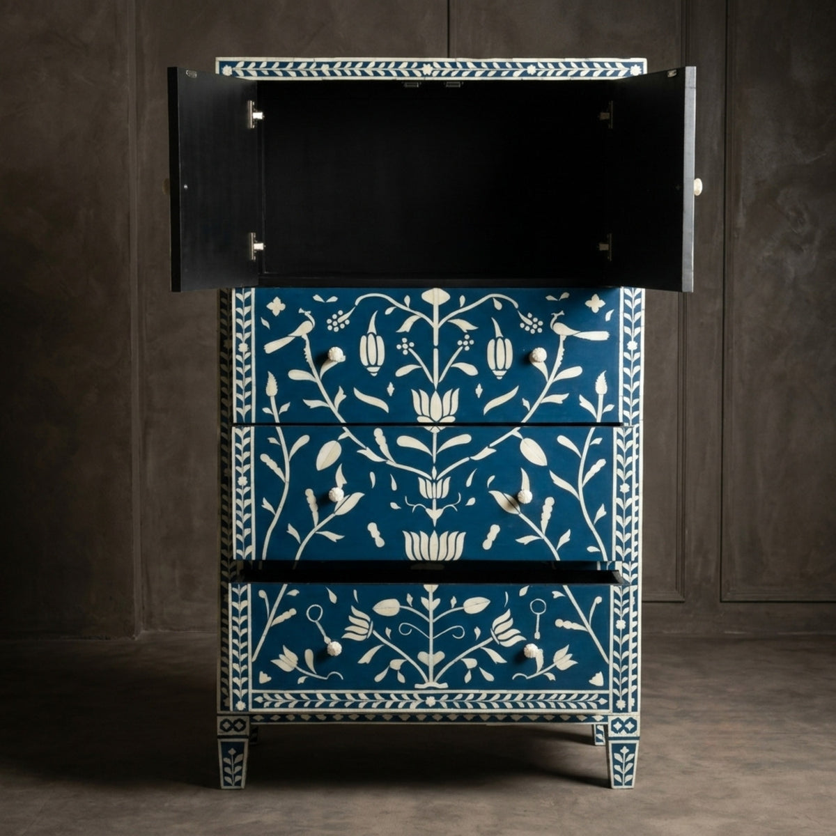 Handmade Blue & White Floral Bone Inlay Armoire Wardrobe