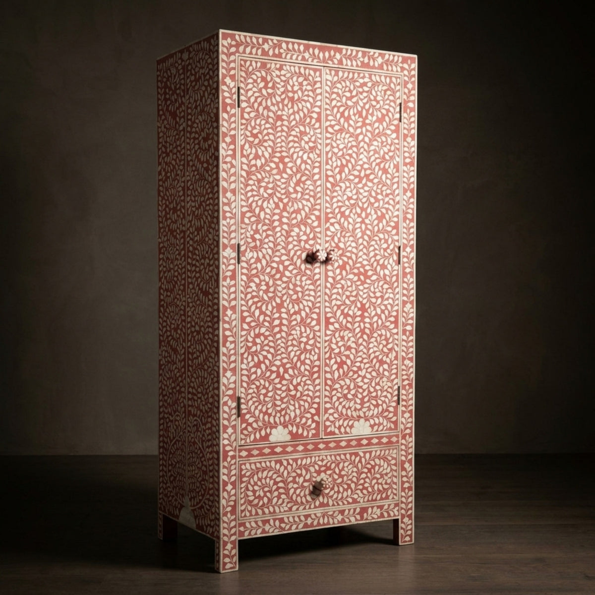 Handmade Dusty Rose & White Botanical Bone Inlay Armoire Wardrobe