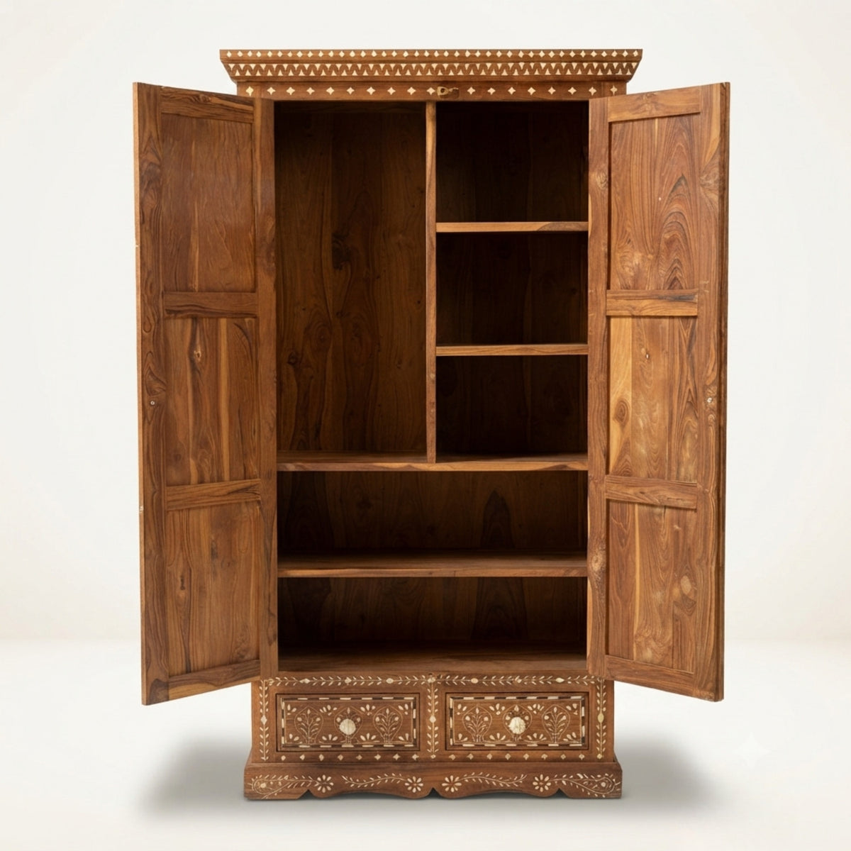 Handmade Mango Wood Floral Inlay Armoire Wardrobe