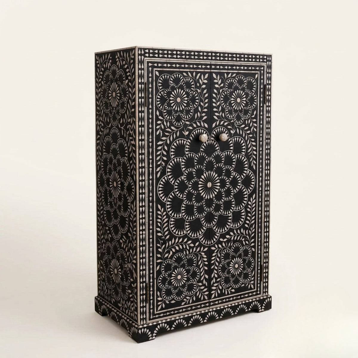 Handmade Black & White Rosette Floral Bone Inlay Armoire