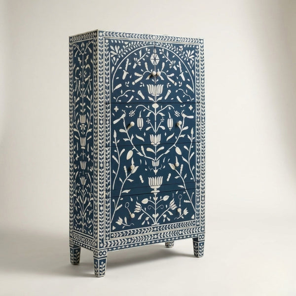 Handmade Blue & White Floral Bone Inlay Armoire Wardrobe
