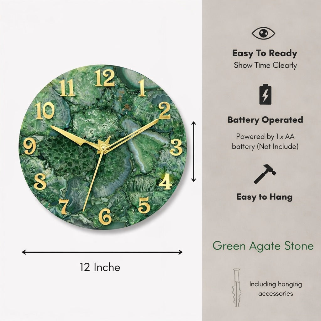 Green Agate Wall Clock - Gemstone Occasional Gifts Wall Decorative