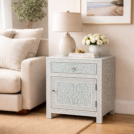 Floral Pattern Bone Inlay Nightstand – Elegant Bedside Table with Drawer & Door Storage