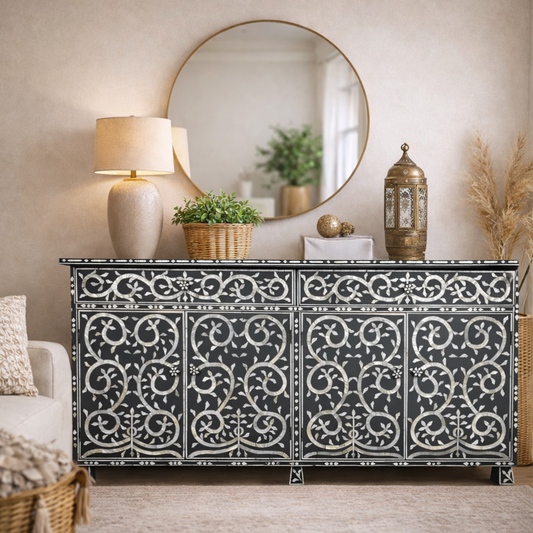 Charcoal Mother of Pearl Sideboard - Vine Inlay Handmade Furniture