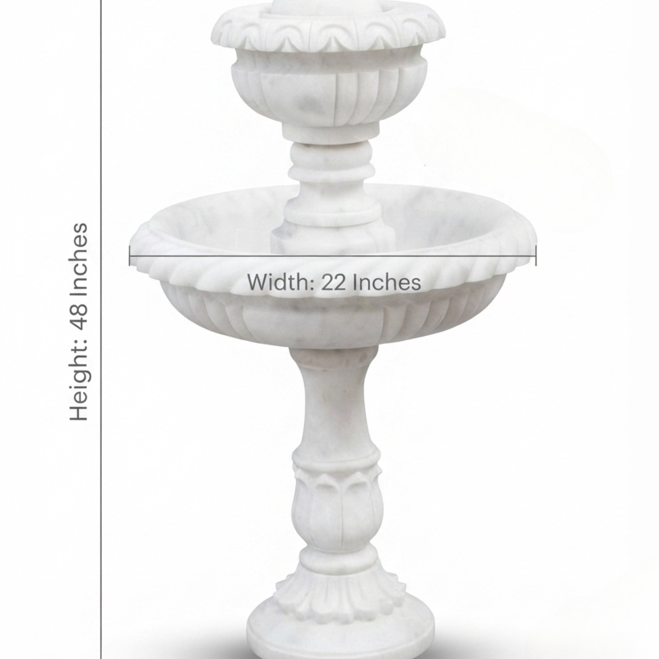 A white marble-style two-tiered garden fountain with dimension labels showing a height of 48 inches and a width of 22 inches, on a white background.