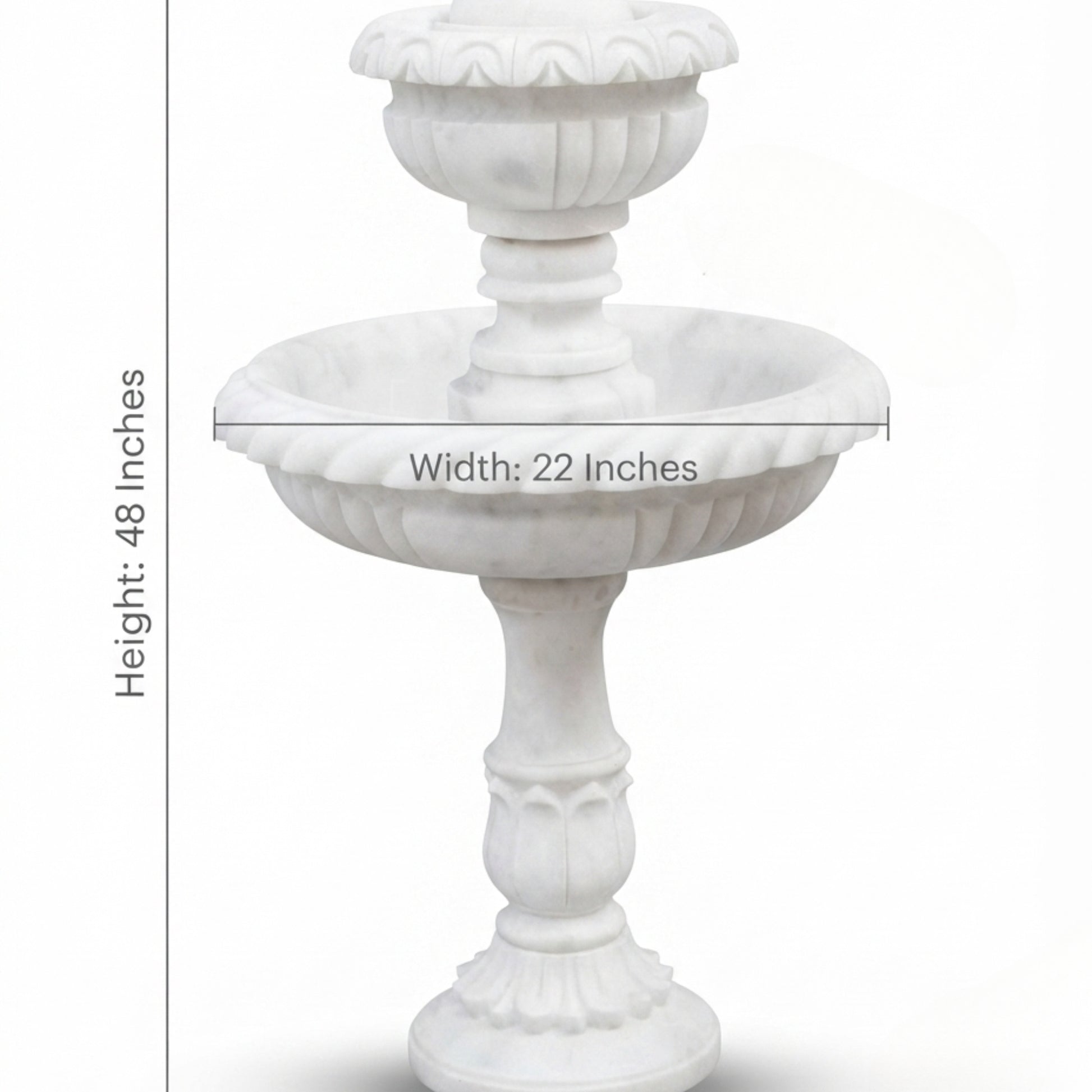 A white marble-style two-tiered garden fountain with dimension labels showing a height of 48 inches and a width of 22 inches, on a white background.