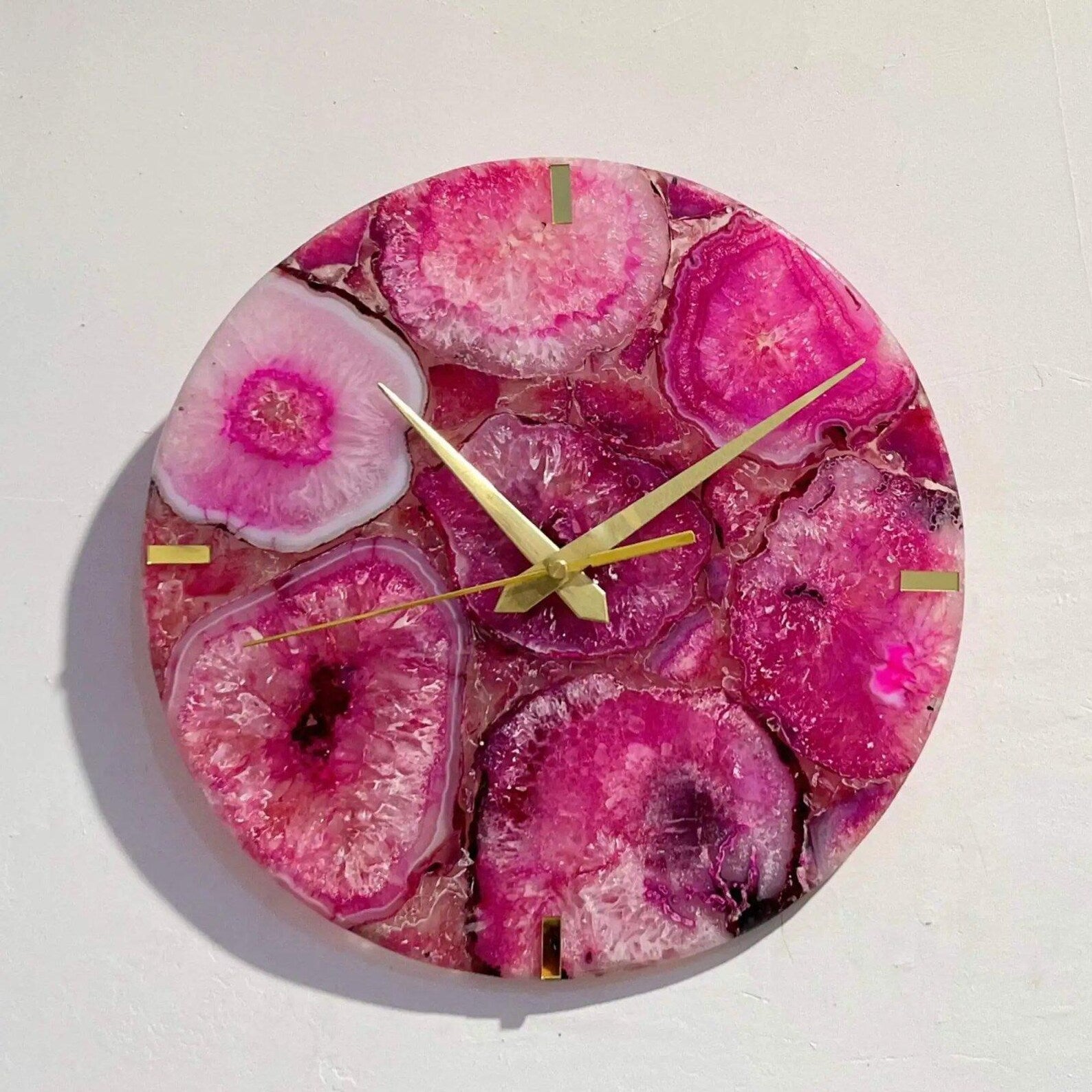 Handmade Pink Agate Wall Clock | Crystal Stone Art Luxury Decor