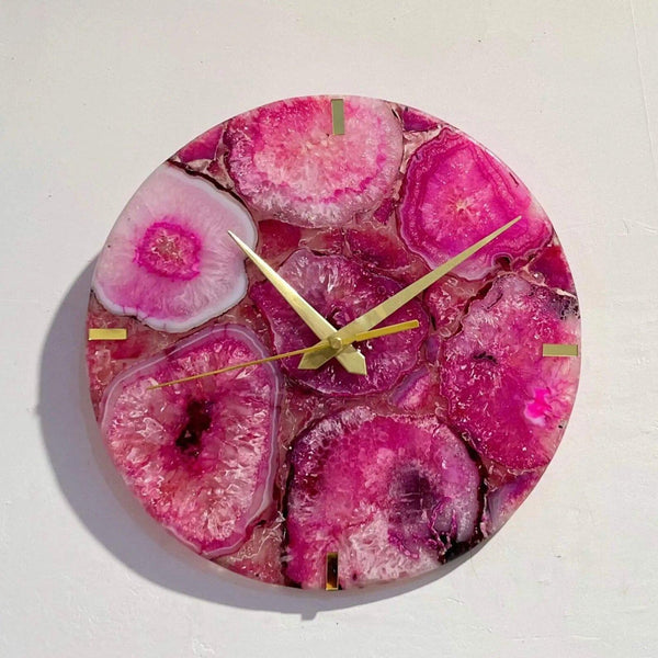 Handmade Pink Agate Wall Clock | Crystal Stone Art Luxury Decor