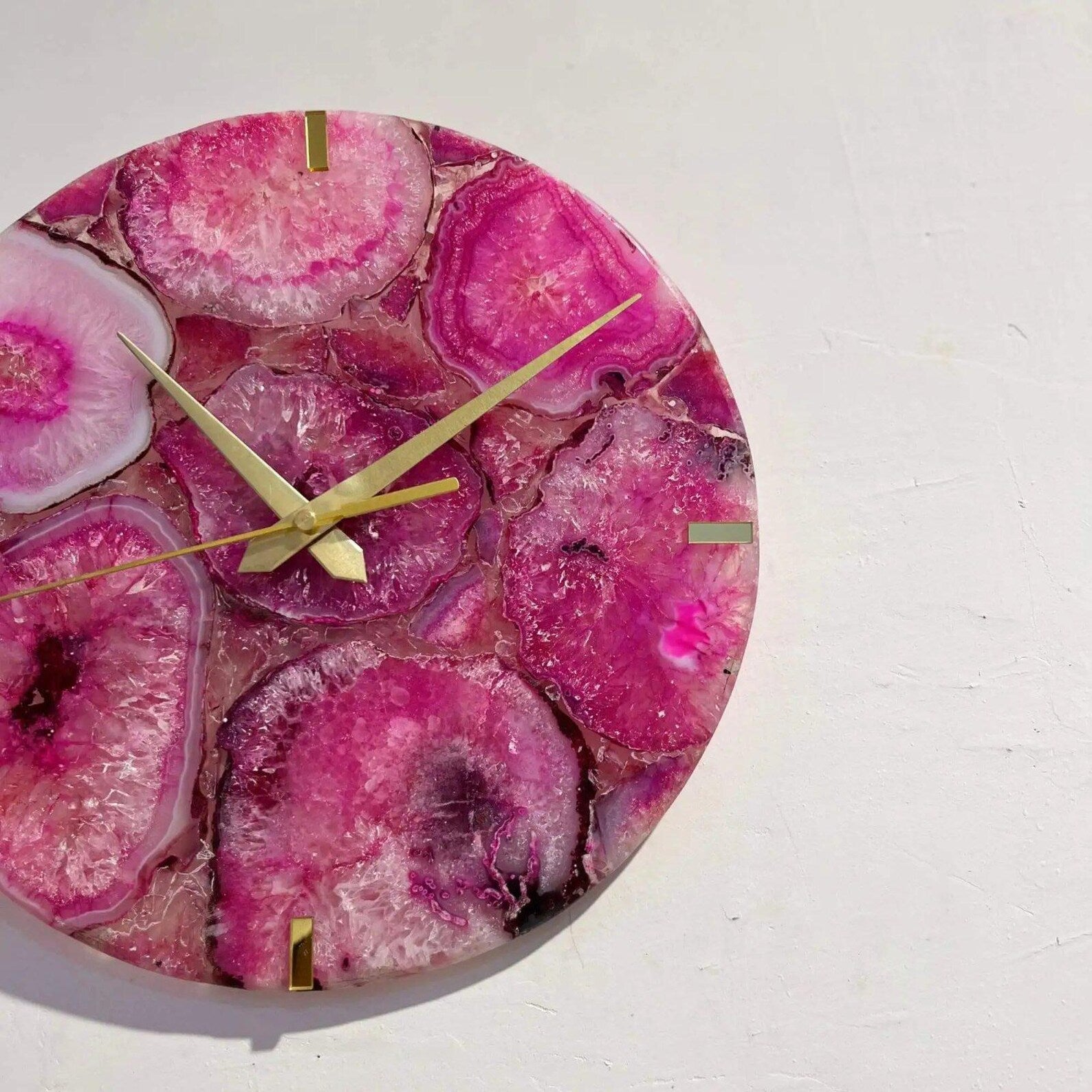 Handmade Pink Agate Wall Clock | Crystal Stone Art Luxury Decor