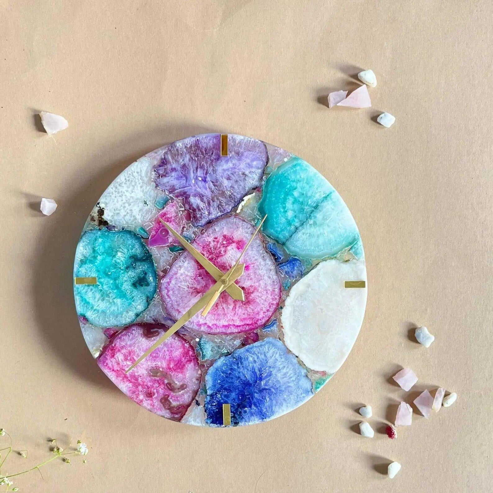 Agate Wall Clock | Multicolor Gemstone Boho Luxury Home Decor