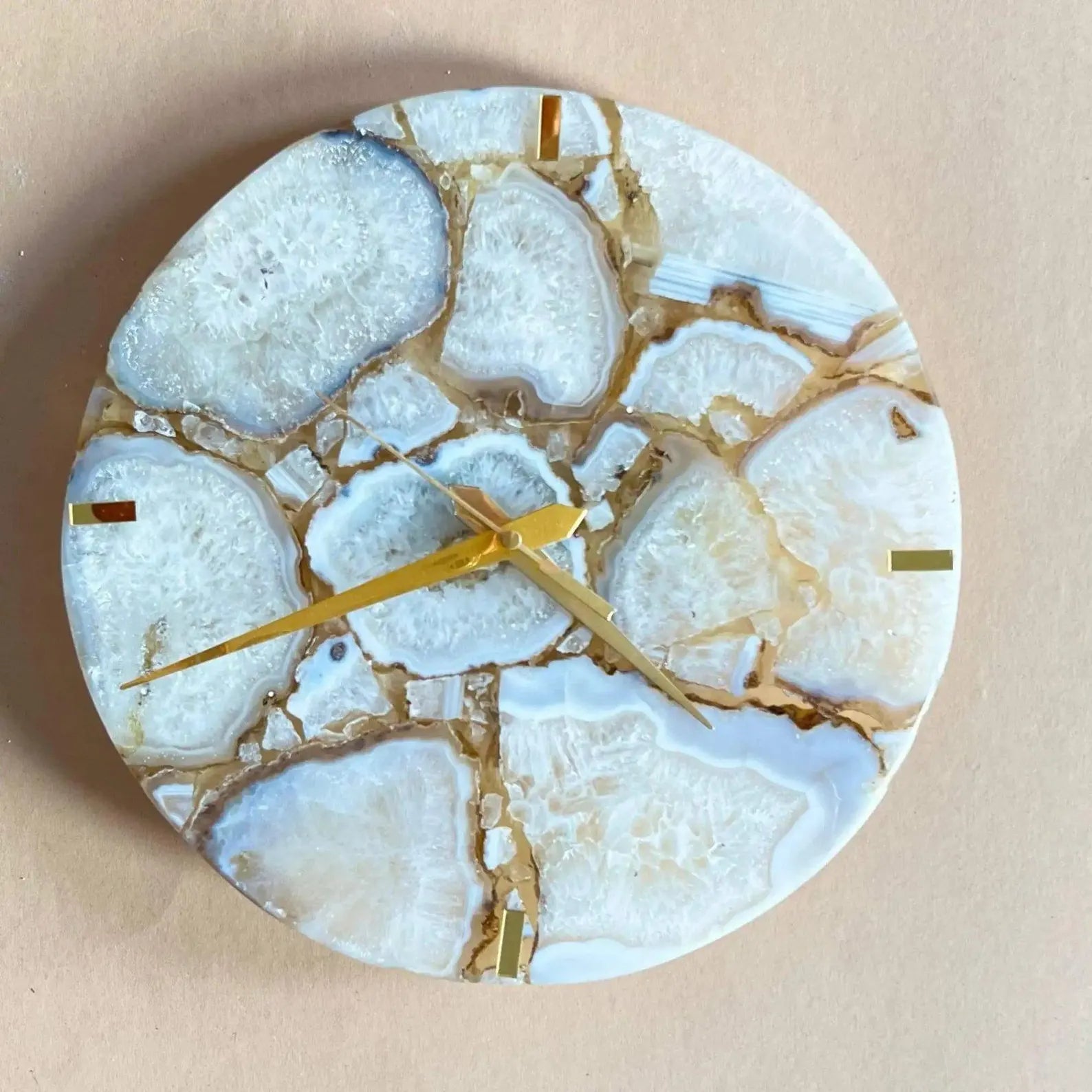 Handmade White Agate Wall Clock | Crystal Gemstone Luxury Decor