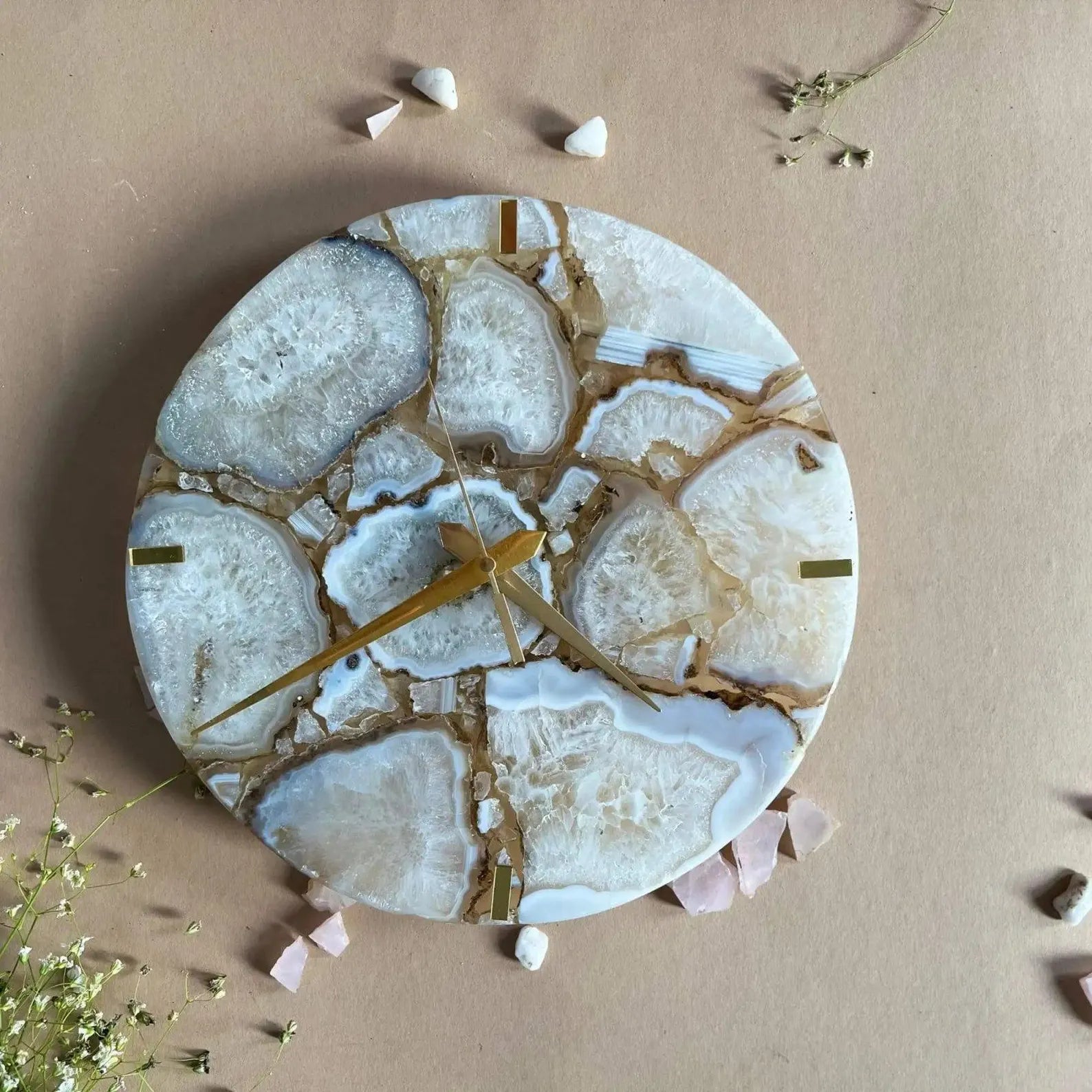 Handmade White Agate Wall Clock | Crystal Gemstone Luxury Decor