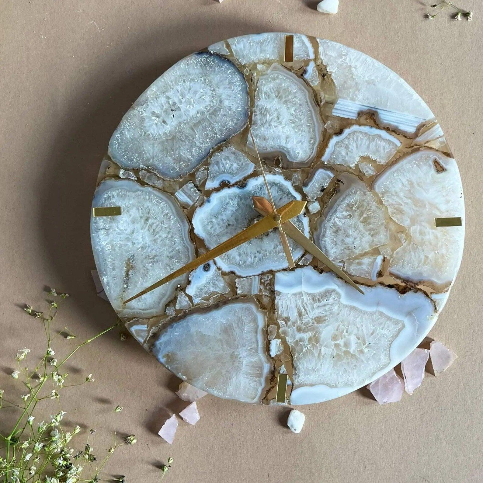 Handmade White Agate Wall Clock | Crystal Gemstone Luxury Decor
