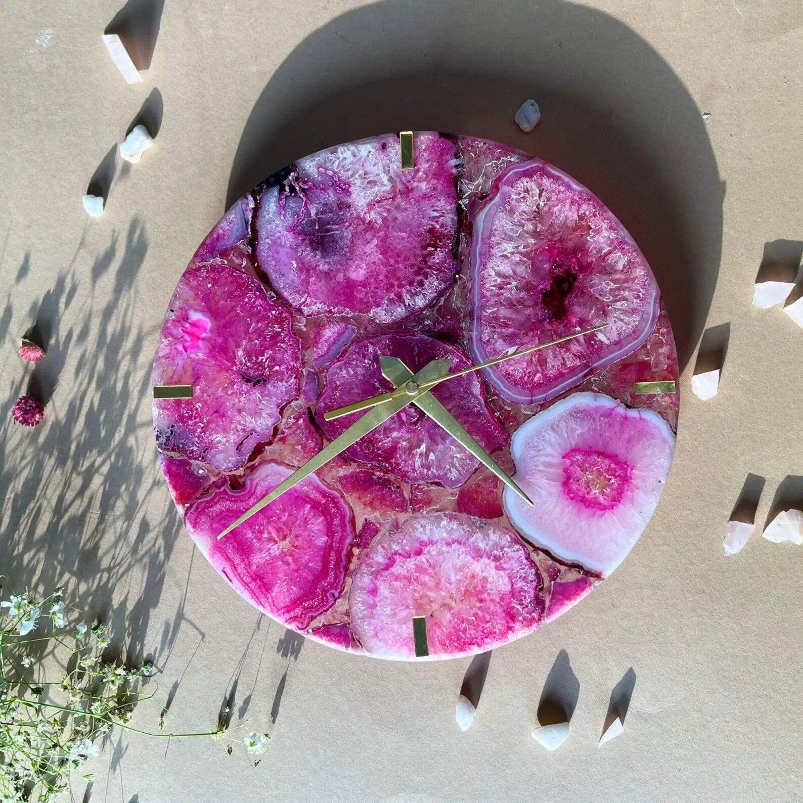 Handmade Pink Agate Wall Clock | Crystal Stone Art Luxury Decor