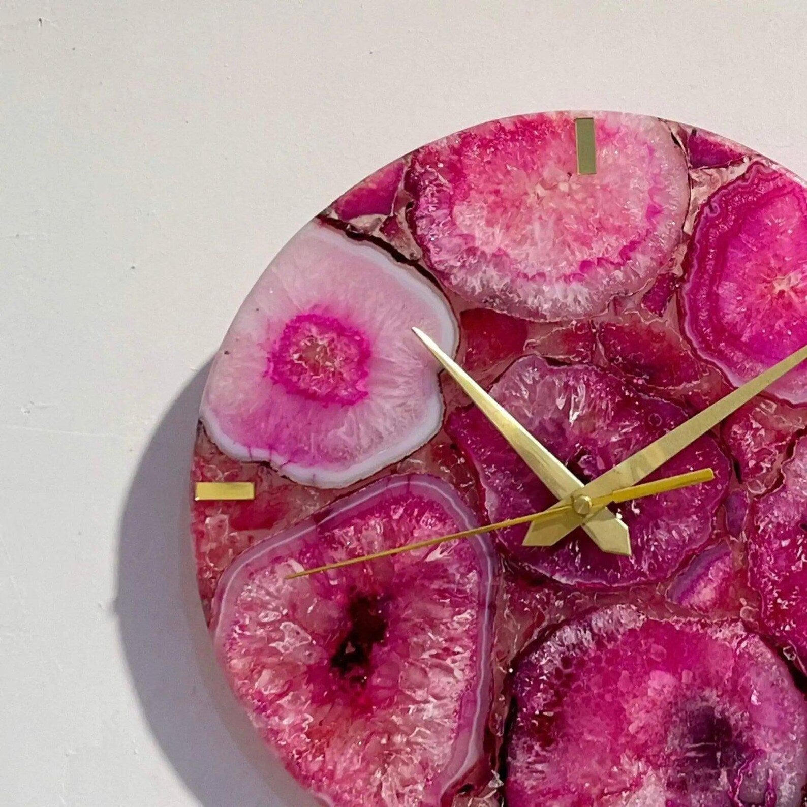 Handmade Pink Agate Wall Clock | Crystal Stone Art Luxury Decor