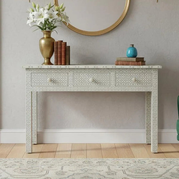 Bone Inlay Console Table | Handmade Geometric Entryway Furniture
