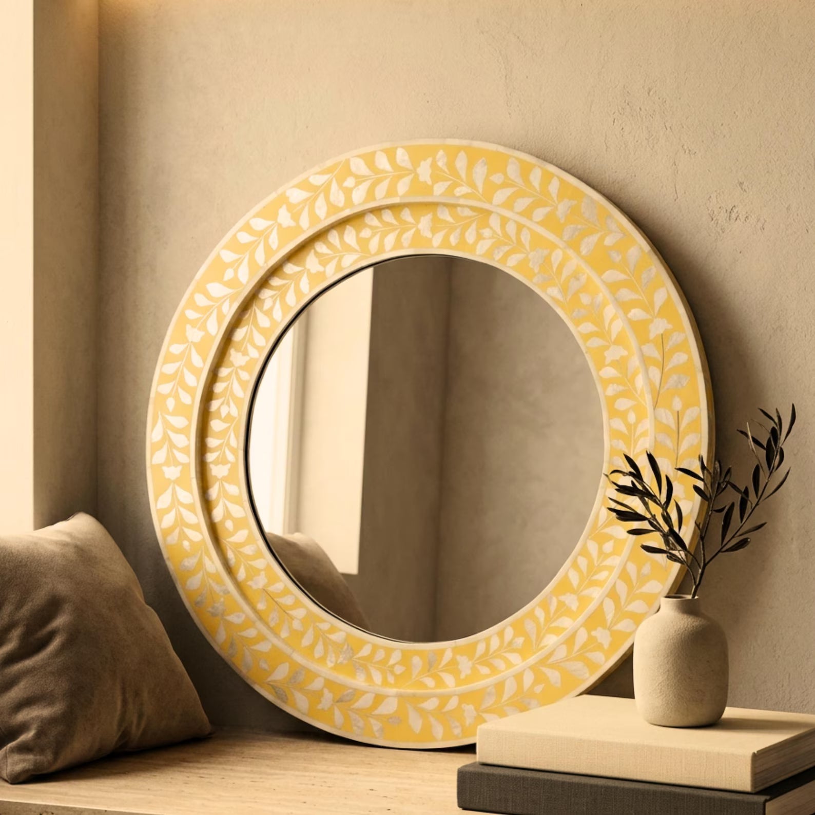 Yellow Bone Inlay Round Mirror – Handmade Floral Boho Vanity Decor