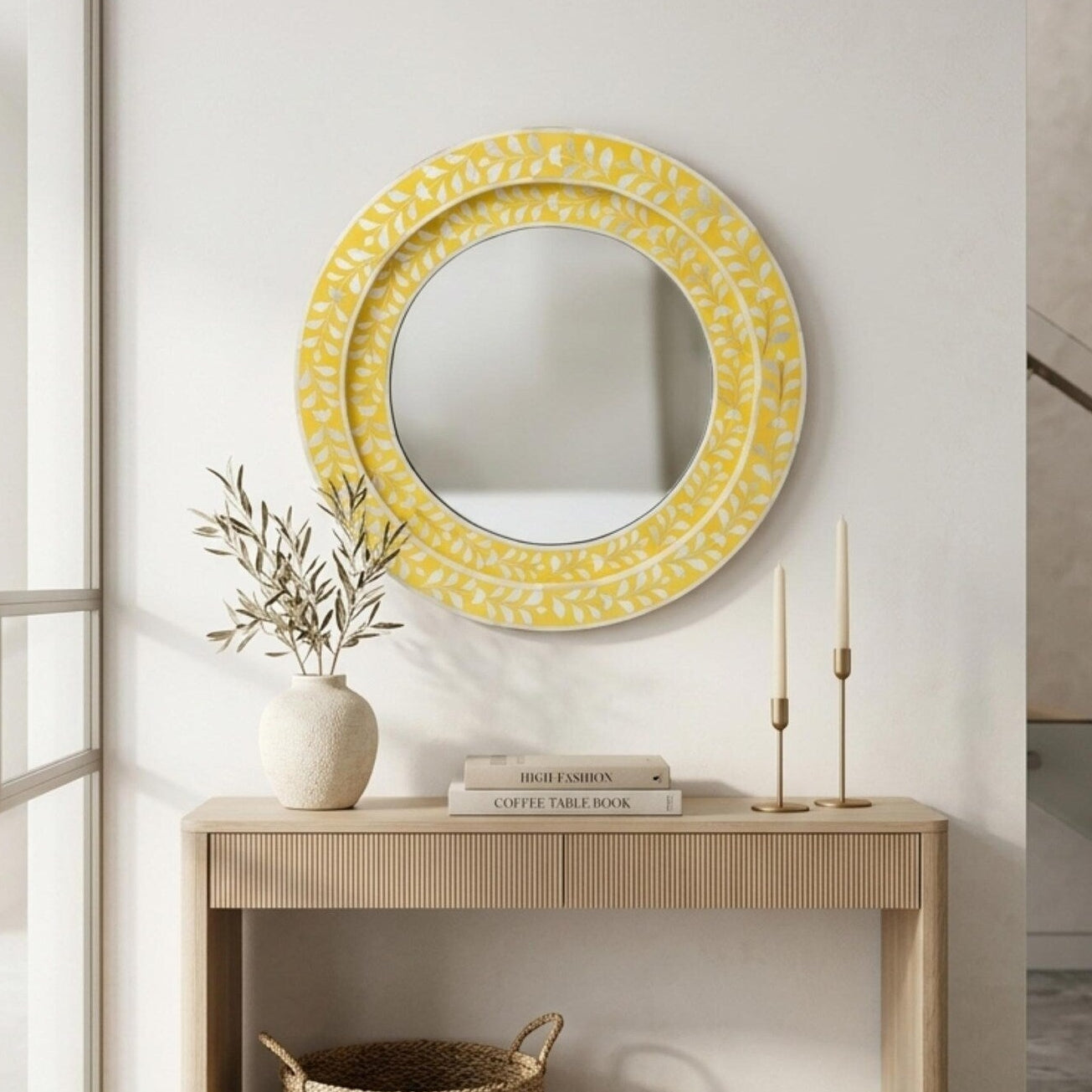 Yellow Bone Inlay Round Mirror – Handmade Floral Boho Vanity Decor
