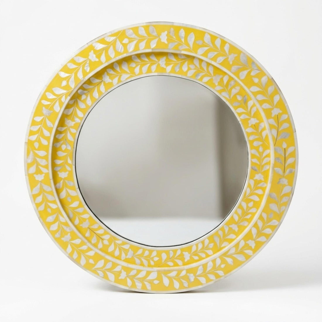 Yellow Bone Inlay Round Mirror – Handmade Floral Boho Vanity Decor