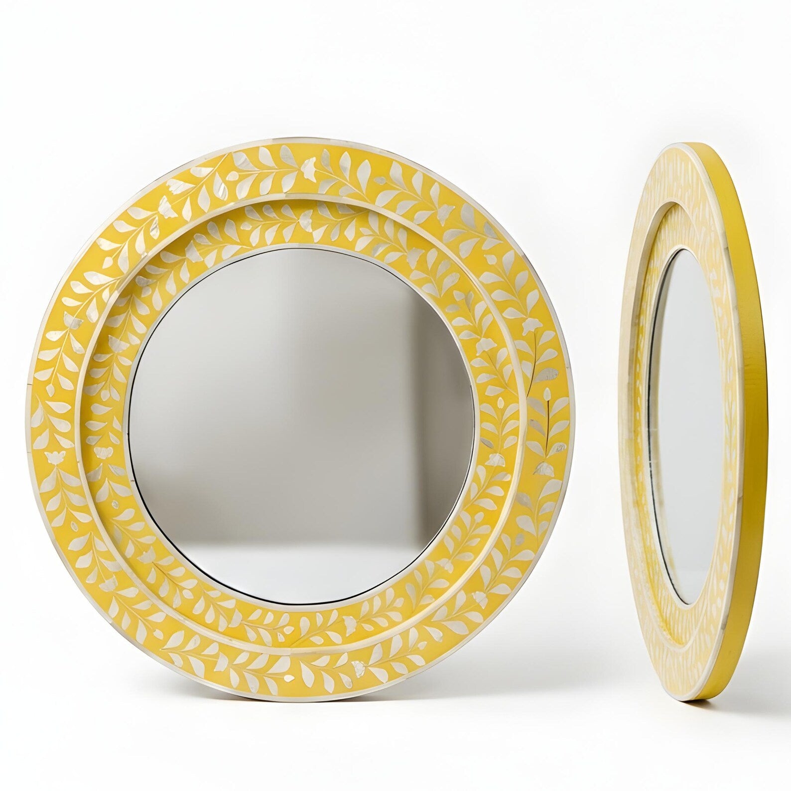 Yellow Bone Inlay Round Mirror – Handmade Floral Boho Vanity Decor